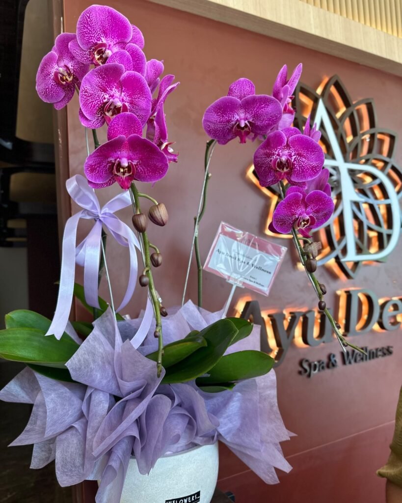 Pink orchids in front of the illuminated Ayu Dewi Spa & Wellness logo